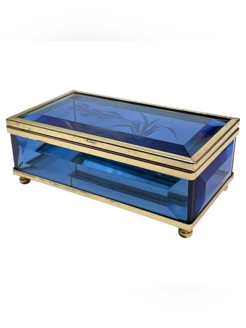 Vintage 1950s Italian Bevelled Blue Glass Trinket Jewelry Box Etched Lid Mirror